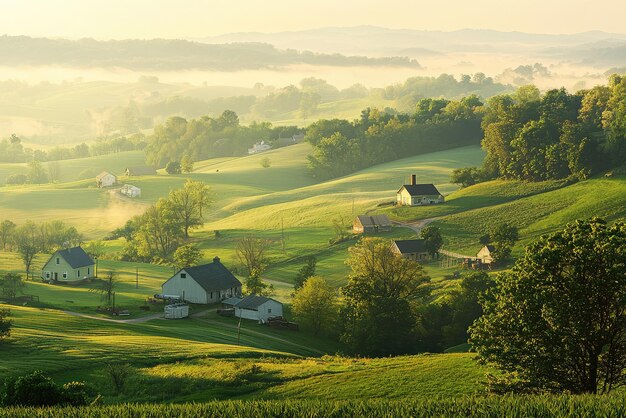 Photo a scenic countryside view featuring rolling hills and farms bathed in soft morning light lush greenery and tranquil atmosphere evoke sense of peace and serenity