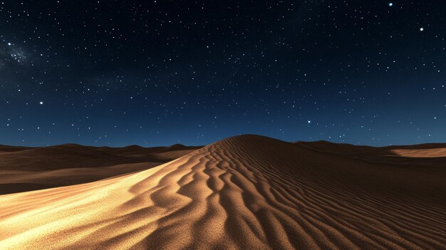 Photo a scenic desert landscape is framed by undulating sand dunes and a sunset sky that is dotted with warm gradient stars