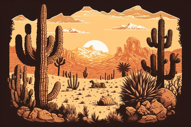 Scenic desert landscape with towering cacti and majestic mountains in the distance Generative AI