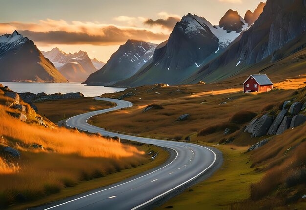 Photo scenic drive through lofoten norway mountains and forests