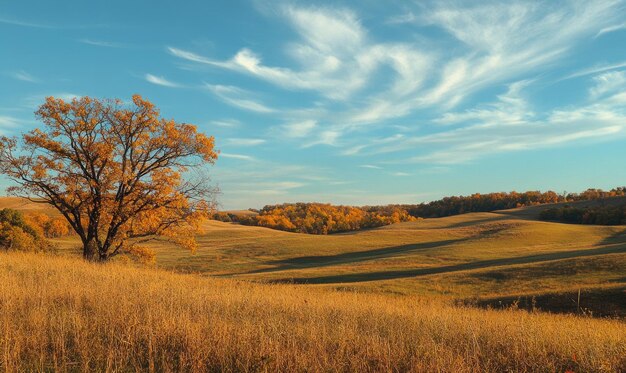 Photo scenic fall scenery open field colorful trees distant mountains