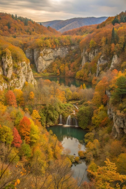 Photo scenic fall valley landscape in the mountains of plitvice lakes national park croatia