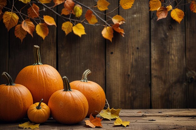 Scenic Fall View and Pumpkins on Rustic Background