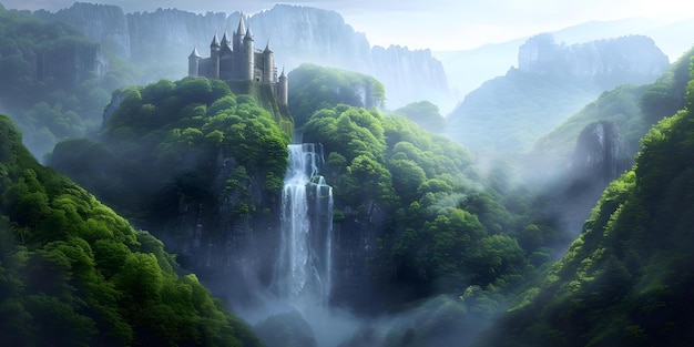 Scenic fantasy castle with waterfall hills and lush green forest landscape Concept Fantasy Art Castle Waterfall Landscape Nature