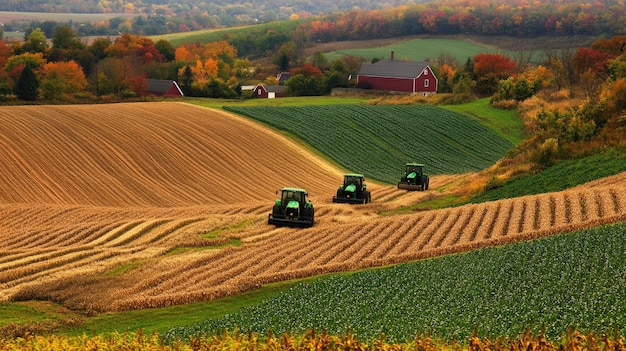 Photo scenic farmland with tractors working on cultivated fields and autumn foliage in the background