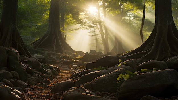 A scenic forest path winding through trees and rocks