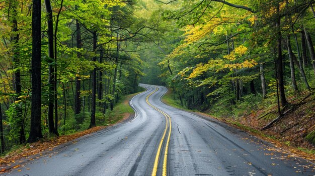 Scenic Forest Road in Autumn Serene Nature Landscape Winding Pathway Through Lush Greenery Tranq