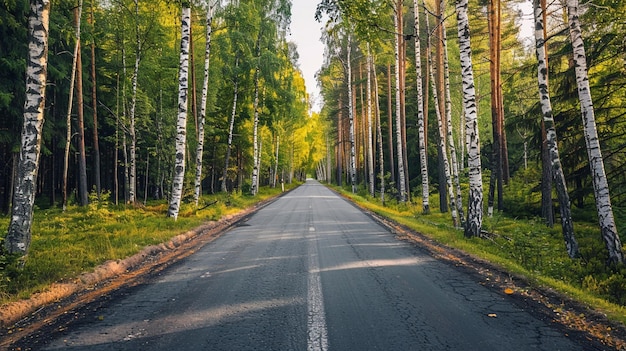 Scenic Forest Road with Birch Trees Tranquil Nature Journey