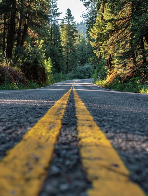 Scenic Forest Road with Yellow Lines Nature Travel Adventure