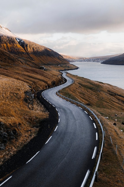 Scenic freeway by the lake on Faroe Islands