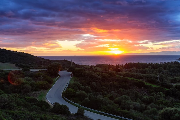 Scenic Highway on the Sea Coast near Small Town Solanas Sardinia