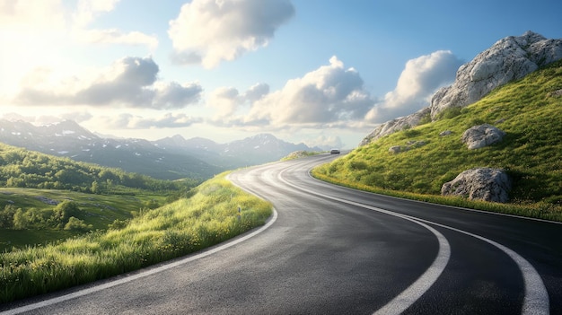 Photo scenic highway with a car driving towards a majestic mountain range in the background