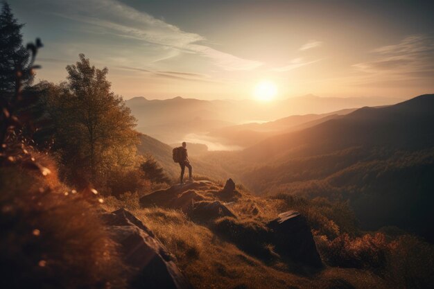 Scenic hike through mountains with a view of the sunrise created with generative ai