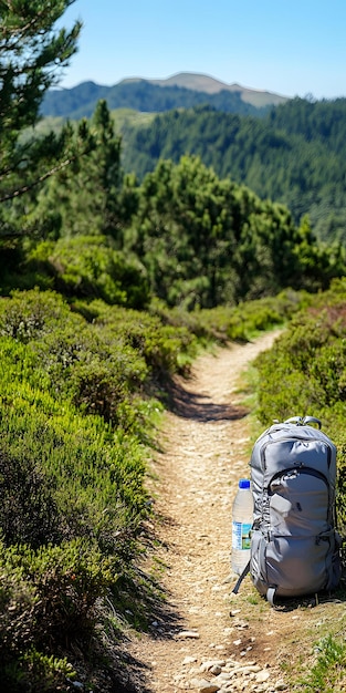 Photo scenic hiking trail with backpack and water bottle