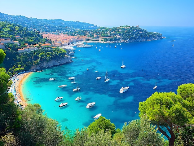 Photo scenic illustration of a bay with turquoise waters yachts and lush hills