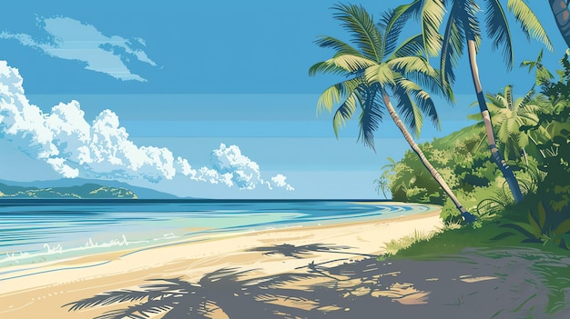 A scenic illustration of a tropical beach with palm trees and a blue sky