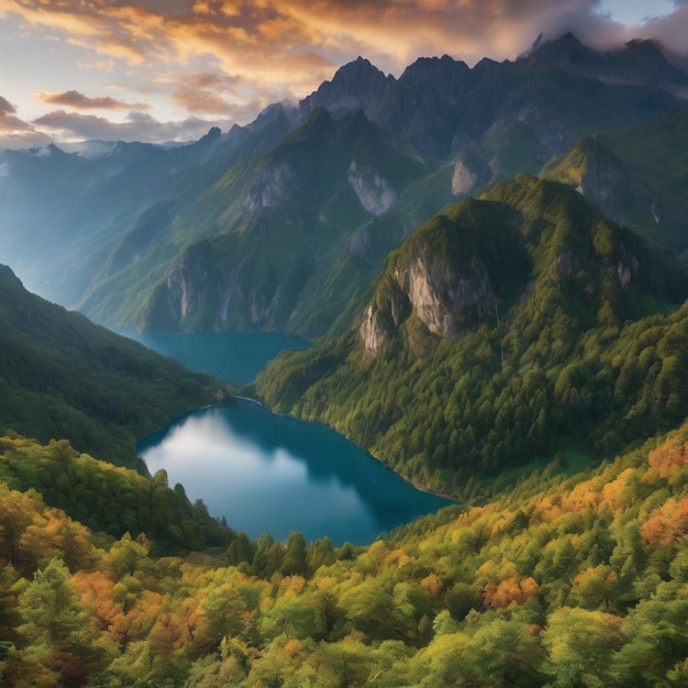 Scenic lake embraced by towering mountains and verdant trees