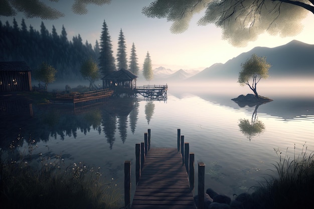 Scenic lake view in the early morning