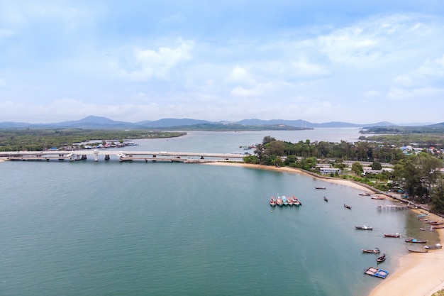 Scenic landscape of big river and reservoir dam with mountain and nature forest