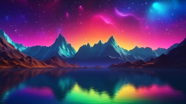 A scenic landscape of mountains and a lake under the starry night sky Generative ai