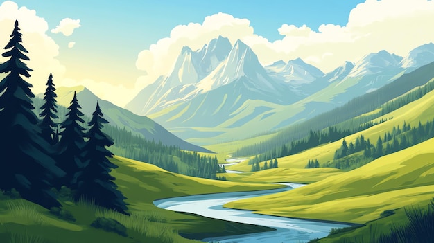 Photo a scenic landscape painting of a winding river flowing through a lush green valley surrounded by snowcapped mountains