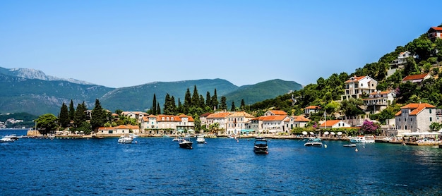 Scenic mediterranean city perast in montenegro in kotor bay view from adriatic sea beautiful archite