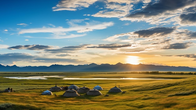 Scenic Mongolian gers amidst a grand landscape illuminated by morning light