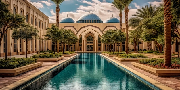 Scenic mosque courtyard with beautiful architecture lush gardens and a peaceful atmosphere Generative AI