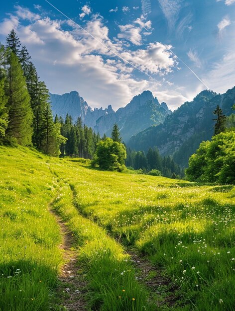 Scenic Mountain Landscape with Lush Green Meadow and Blue Sky