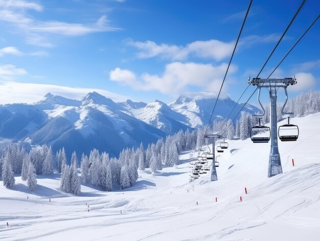 Photo scenic mountain ski resort with snowy peaks and ski lift