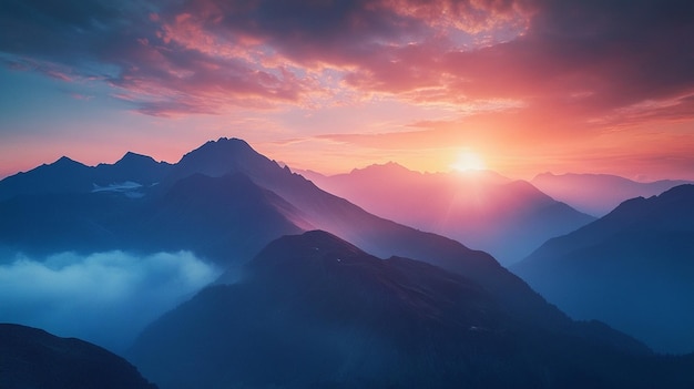 Scenic mountain sunrise view with misty atmosphere and setting sun