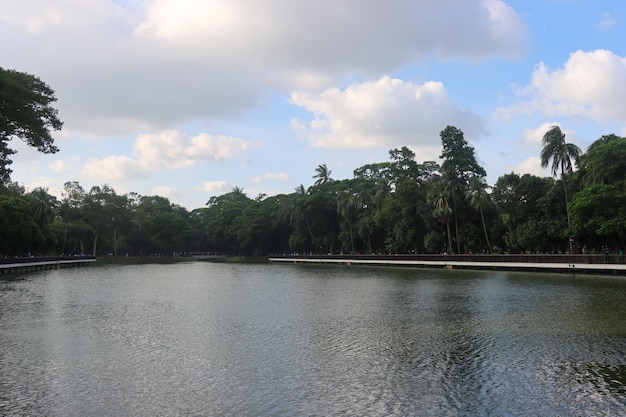 Scenic nature view inside a park with a big lake and green trees Southeast Asian Park and beautiful natural scenery Beautiful central park view with blue sky and clouds Lake and sky scenery