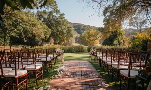 Photo scenic outdoor wedding venue with rows of chairs and a picturesque backdrop