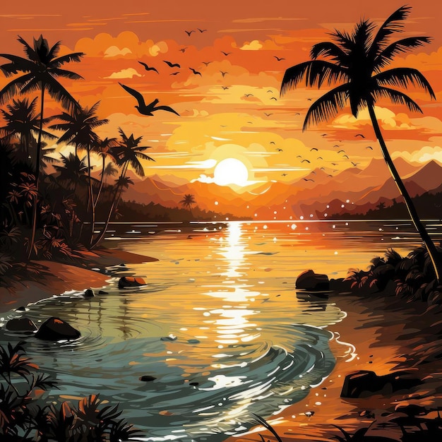 Scenic painting of a beach and forest at sunset