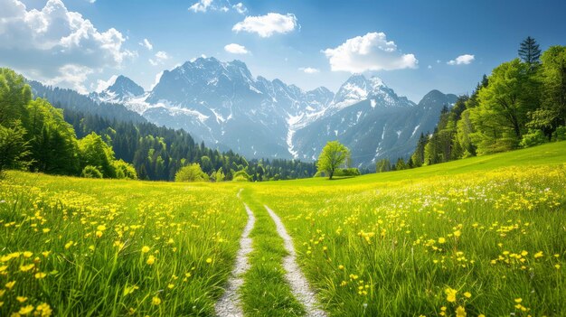 Photo scenic path through meadow with mountains in the background