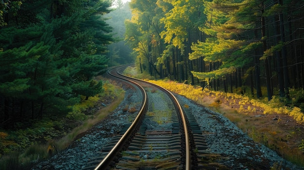 A scenic railway line through a forested area