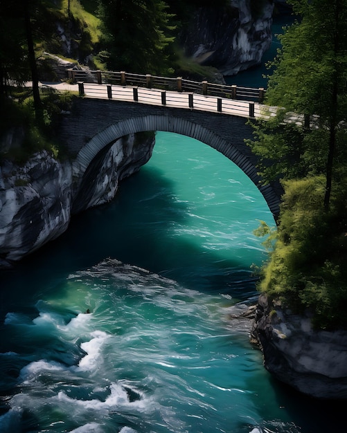 Scenic River Bridge Amidst Vibrant Turquoise Forest