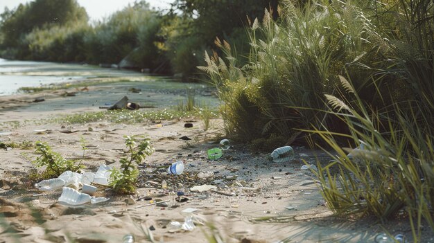 Photo scenic riverside area with scattered litter including plastic bottles highlighting environmental pollution