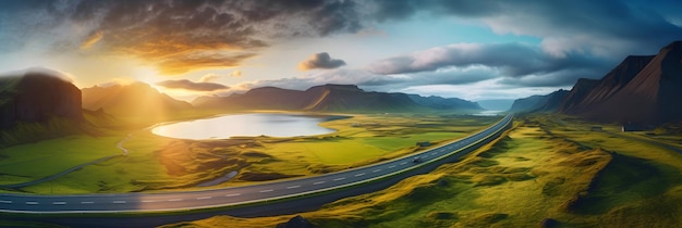 scenic road in Iceland beautiful nature landscape aerial panorama mountains and coast at sunset