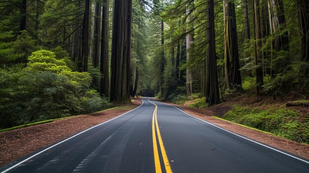 Scenic road in Redwood National Forest Generative Ai