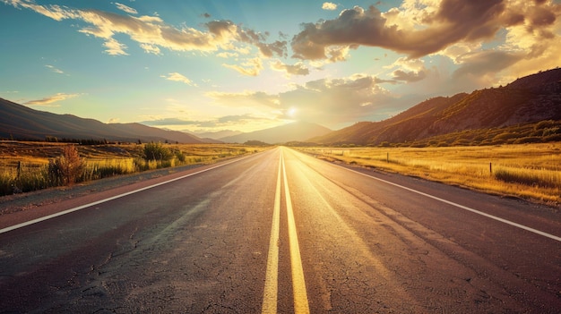 Scenic road stretching towards mountains during sunset