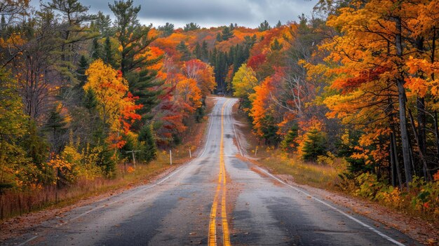 Photo scenic road through autumn forest with colorful foliage