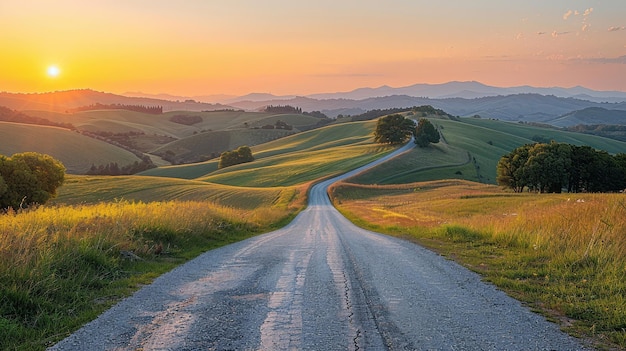 Scenic Road Through Rolling Hills at Sunset