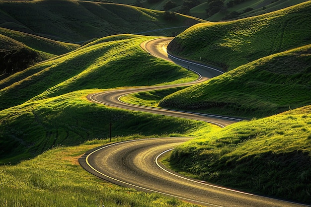 Scenic Road Trip Photograph of a winding road through picturesque landscapes bathed in warm natural light perfect for summer road trips