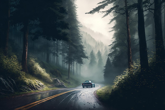 A scenic road winding through a dense forest with tall trees