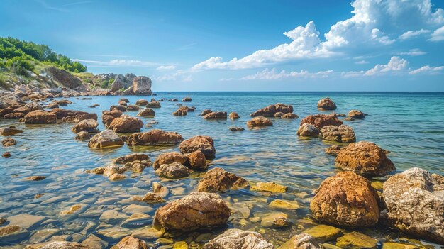 Scenic Rocky Seashore on a Sunny Day Tranquil Coastal Landscape