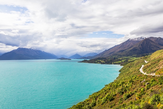 Scenic route over the turquoise lake Lake Wakatipu New Zealand