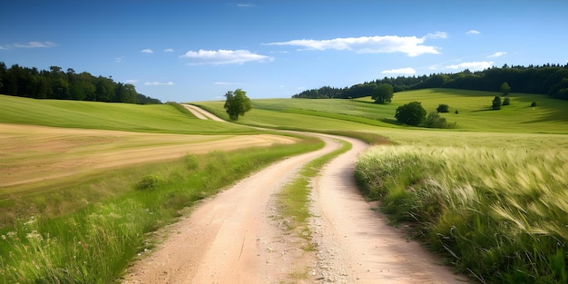 Scenic rural dirt path winding through grassy field with scattered trees Concept Nature Photography Rural Landscape Dirt Path Scenic Beauty Trees Grass Field