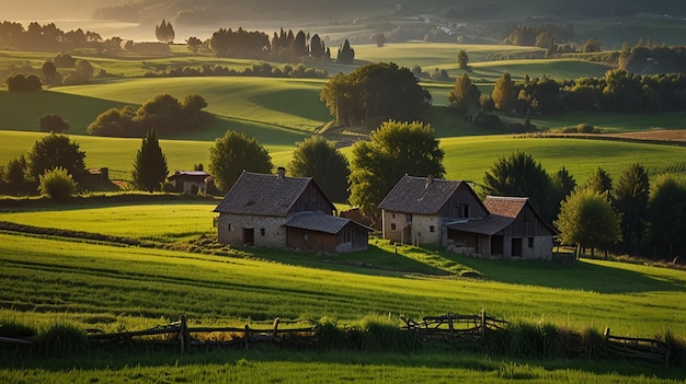 Photo scenic rural landscape with traditional farmhouses and rolling hills