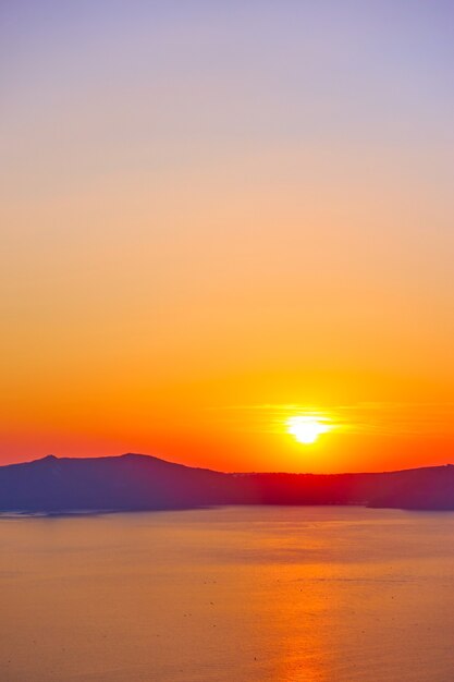 Scenic sundown in Santorini, Greece. Space for text